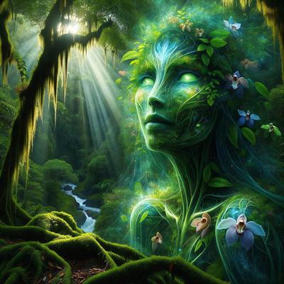 The primary subject of the image is a woman with green hair, who appears to be a mermaid or a creature from a forest. She is surrounded by a lush green forest, with trees and plants in the background. The visual style of the image is digital art, as it is a detailed and intricate illustration. The colors and mood of the image are vibrant and serene, with the green hair and forest setting creating a sense of wonder and connection to nature.